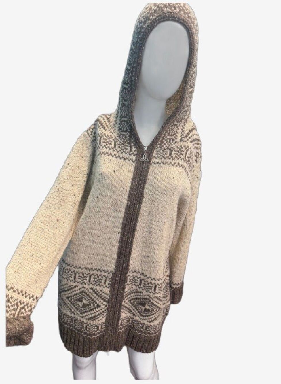 Aran Crafts Ireland Zip Front Hooded Wool Sweater tan Women’s Size Large - Picture 3 of 9